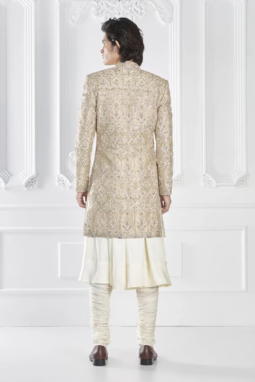 Beige Gold Embroidered Sherwani Set