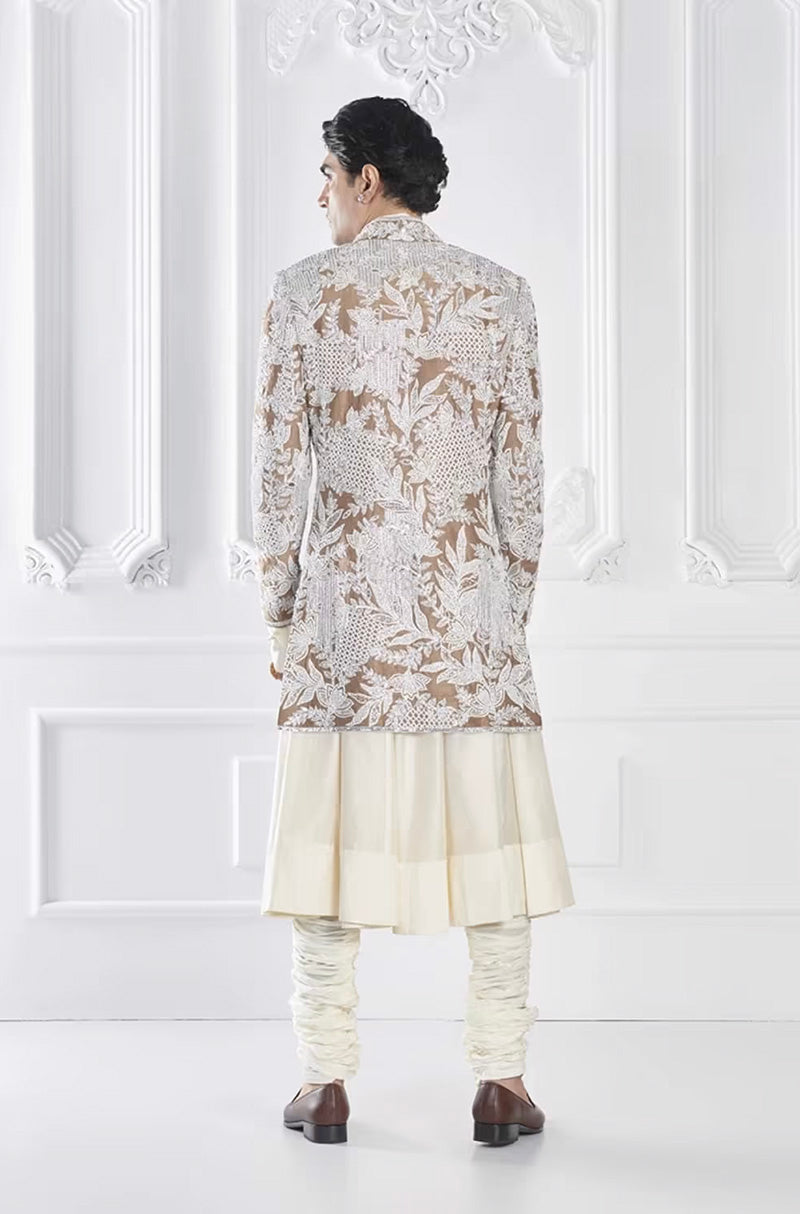 Ivory & Beige Embroidered Sherwani Set