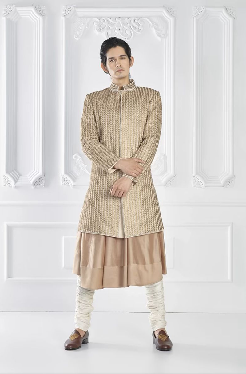 Beige Embroidered Sherwani Set