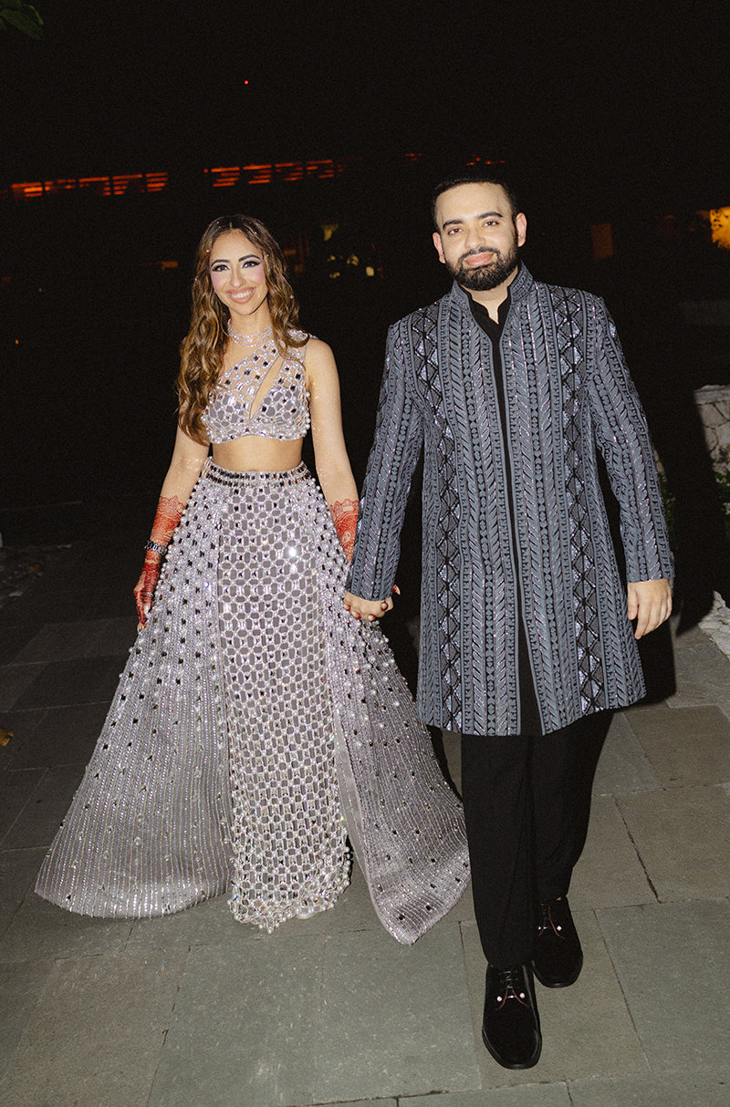 Groom: Munz Bhojwani in our Navy Blue Embroidered Sherwani Set
