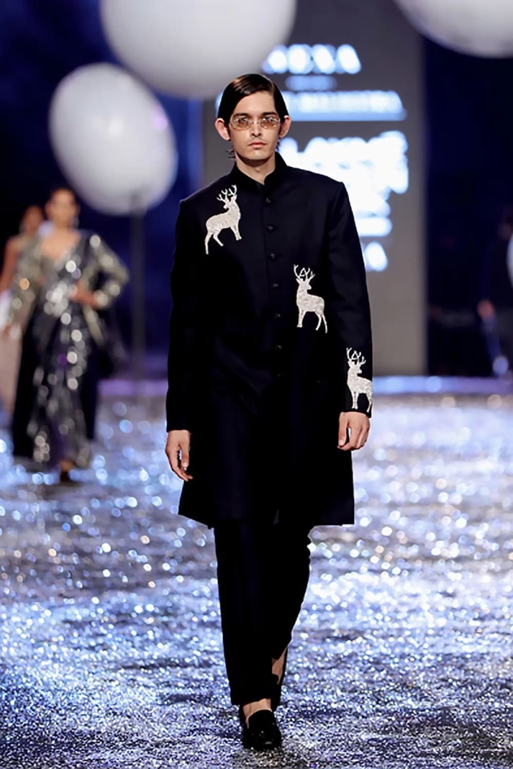 Black with Embroidered Deer Motifs Sherwani Set