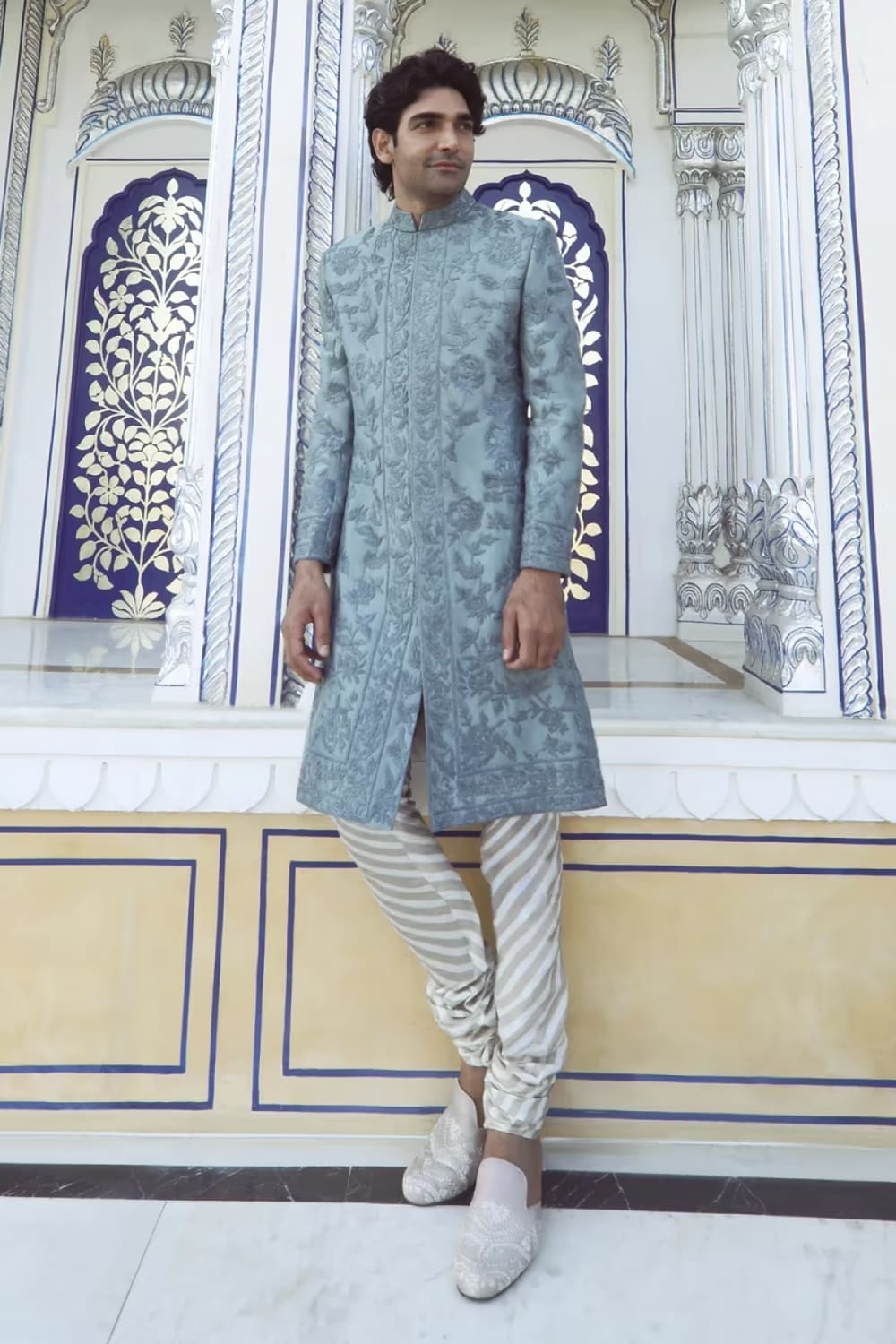 Light Aegean Blue Embroidered Sherwani Set