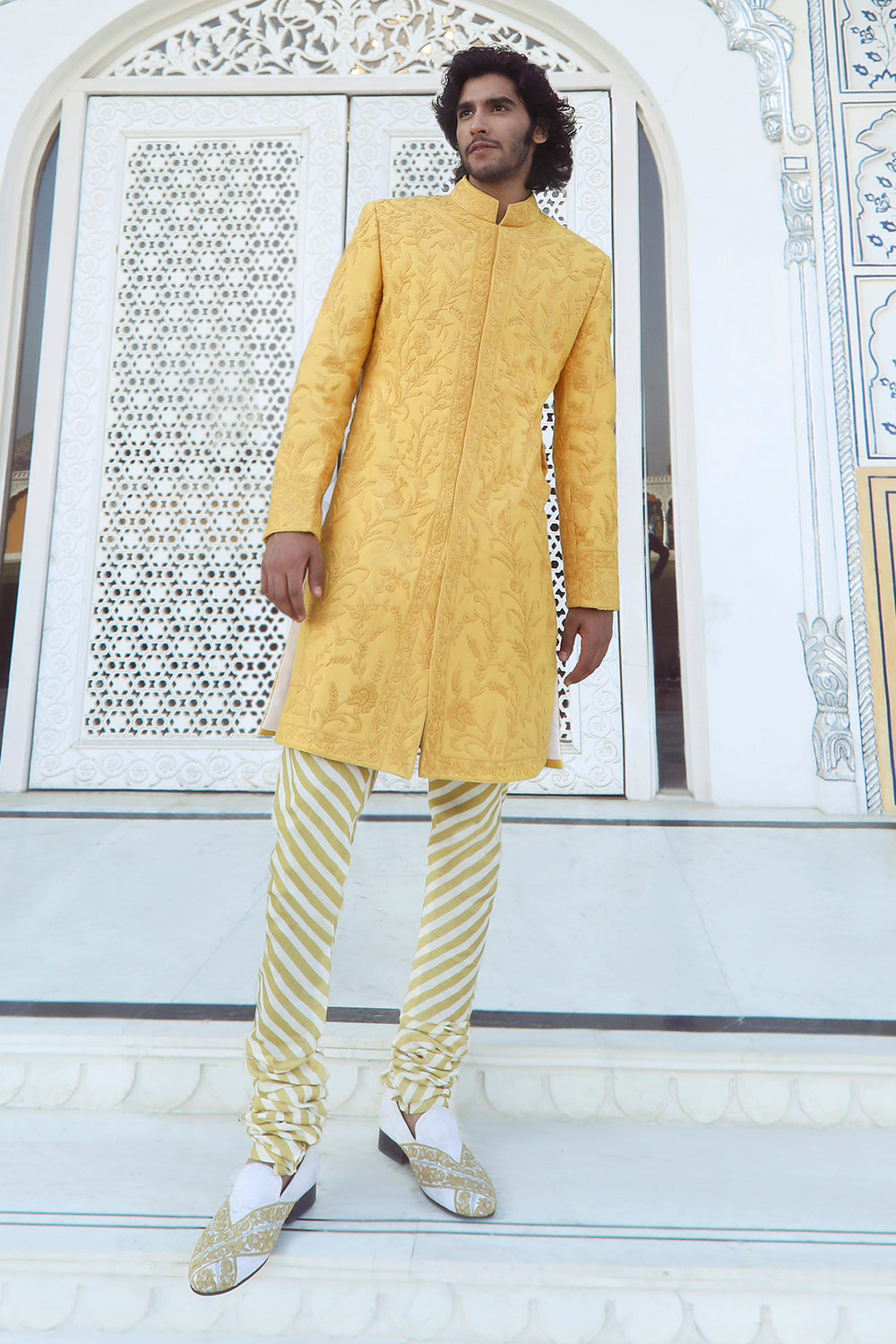 Yellow Floral Embroidered Sherwani Set
