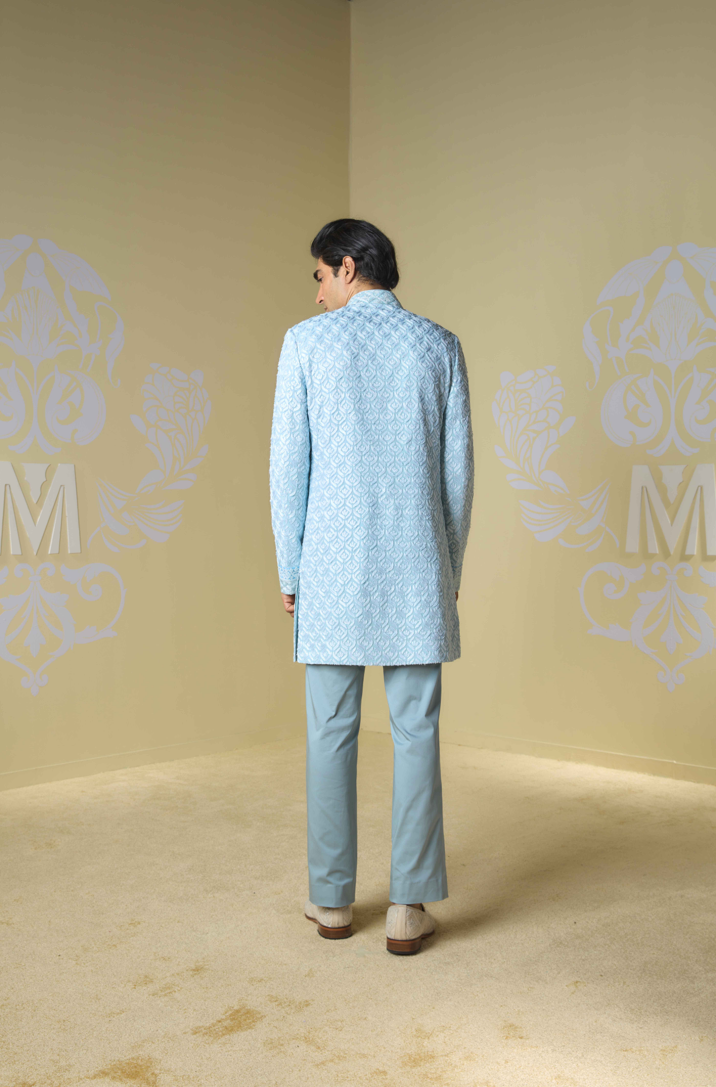 Powder Blue Kashmiri Embroidered Sherwani Set