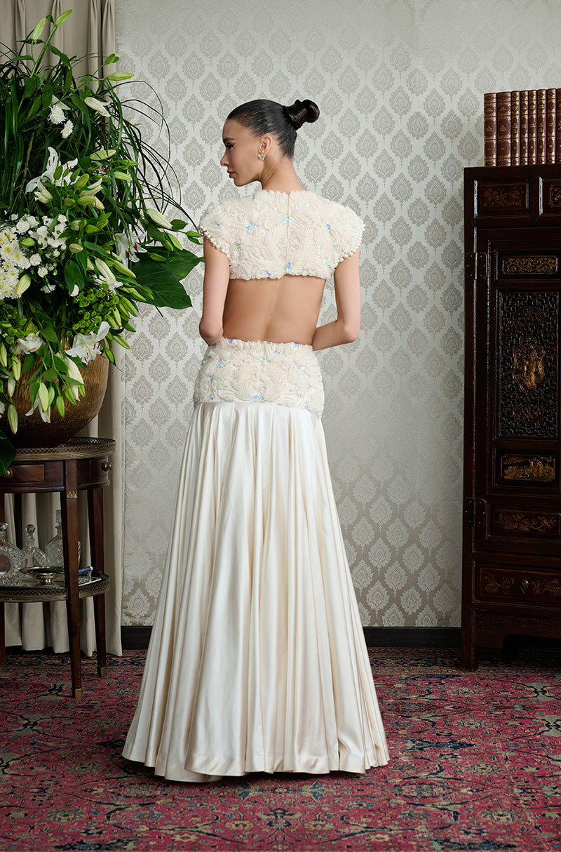 Chalk White Satin 3D Floral Embroidery Drape Skirt Set