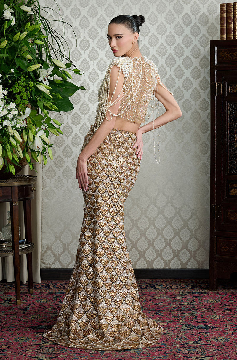 Gold & Silver Stone Encrusted Scallop Skirt Set