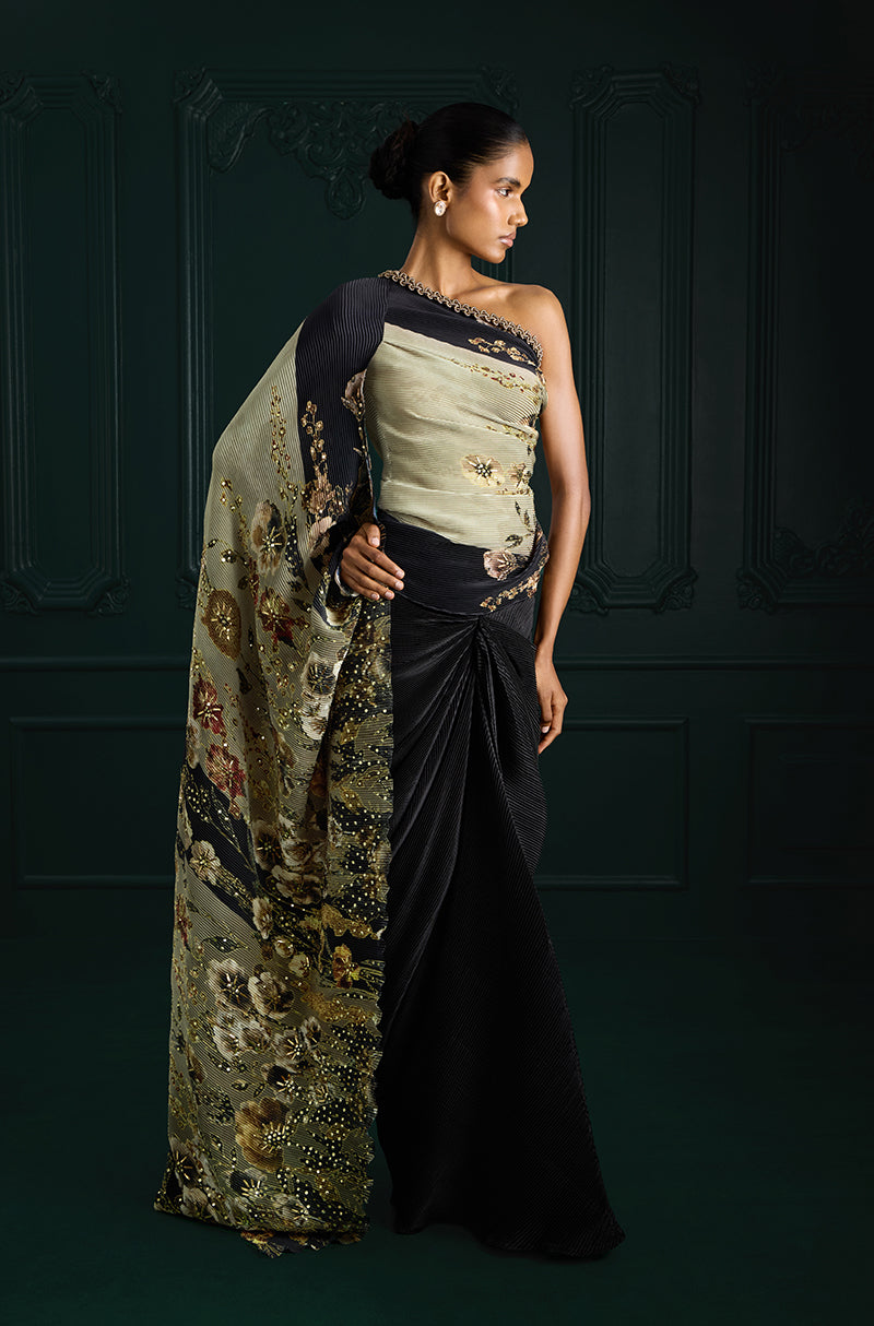 Green Floral Print Pre-Pleated Floral Drape Skirt Set