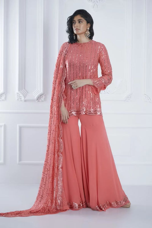 Coral Sequin Embroidered Sharara Set
