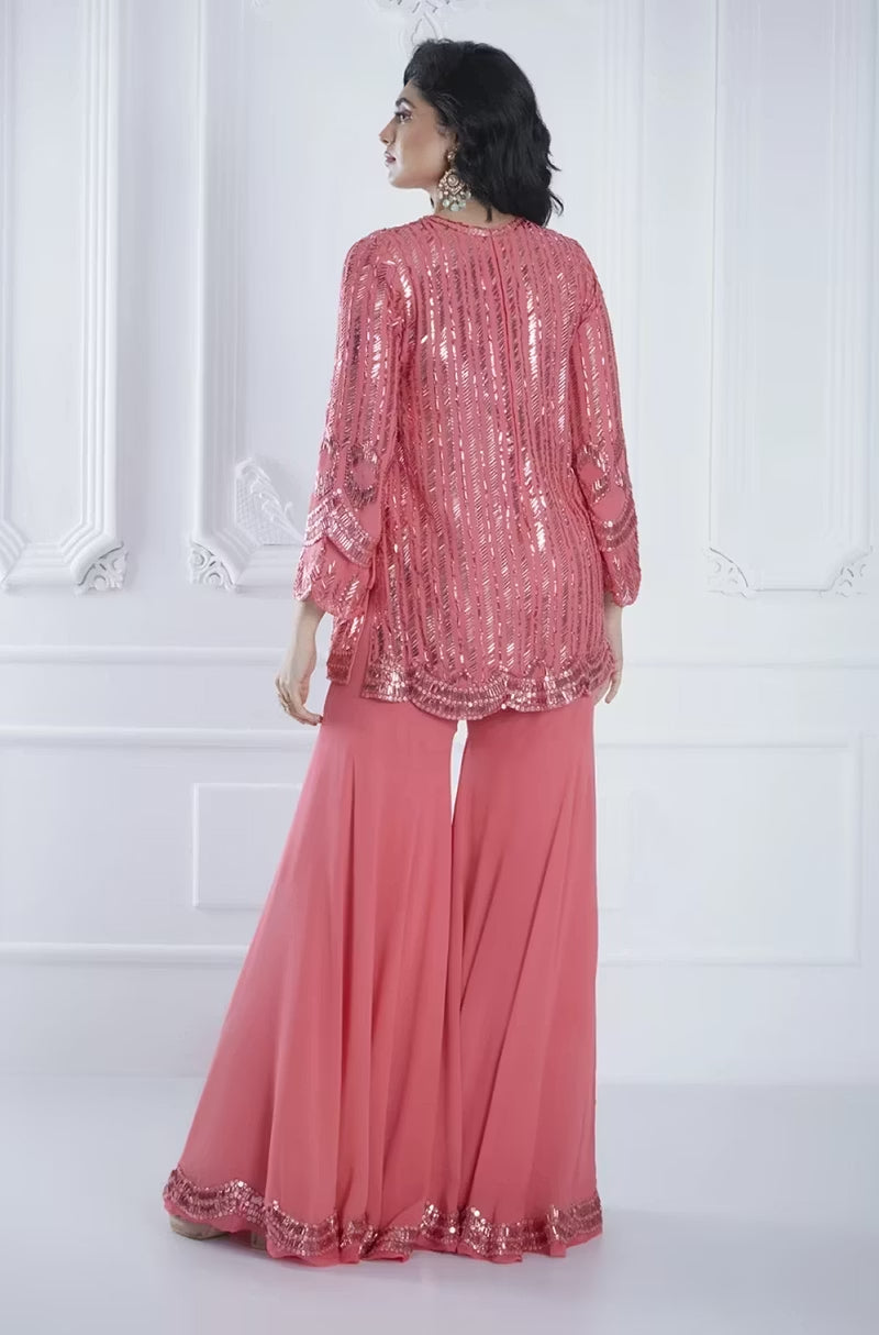 Coral Sequin Embroidered Sharara Set