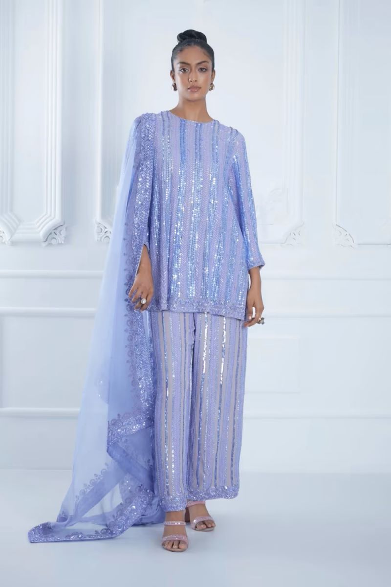 Lilac Striped Sequin Short Kurta Set