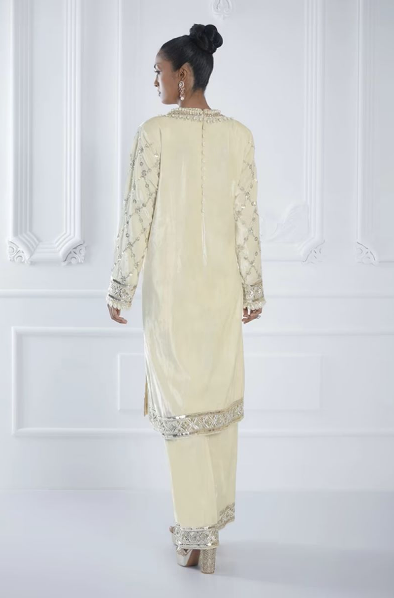 Ivory Velvet Embroidered Kurta Set