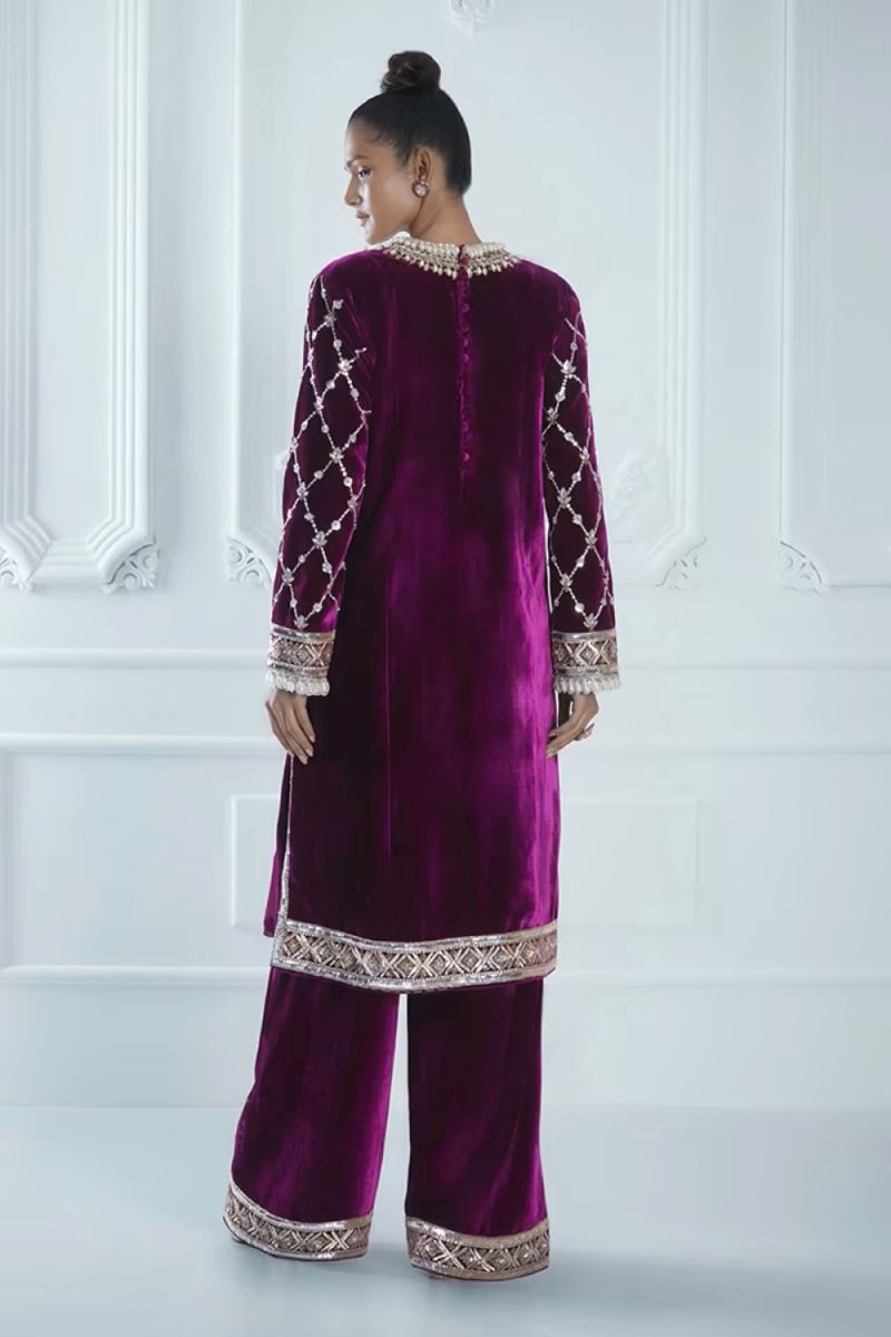 Wine Velvet Embroidered Kurta Set