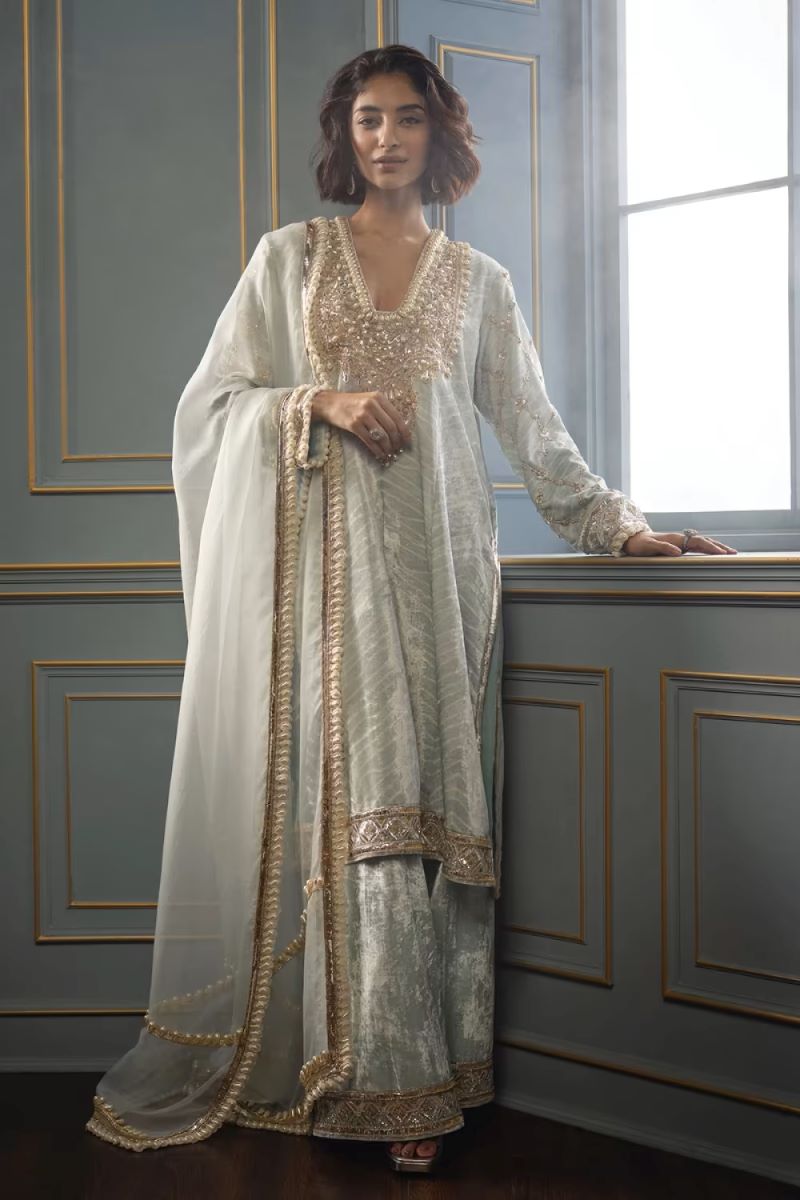 Powder Blue Shibori Embroidered Velvet Kurta Set