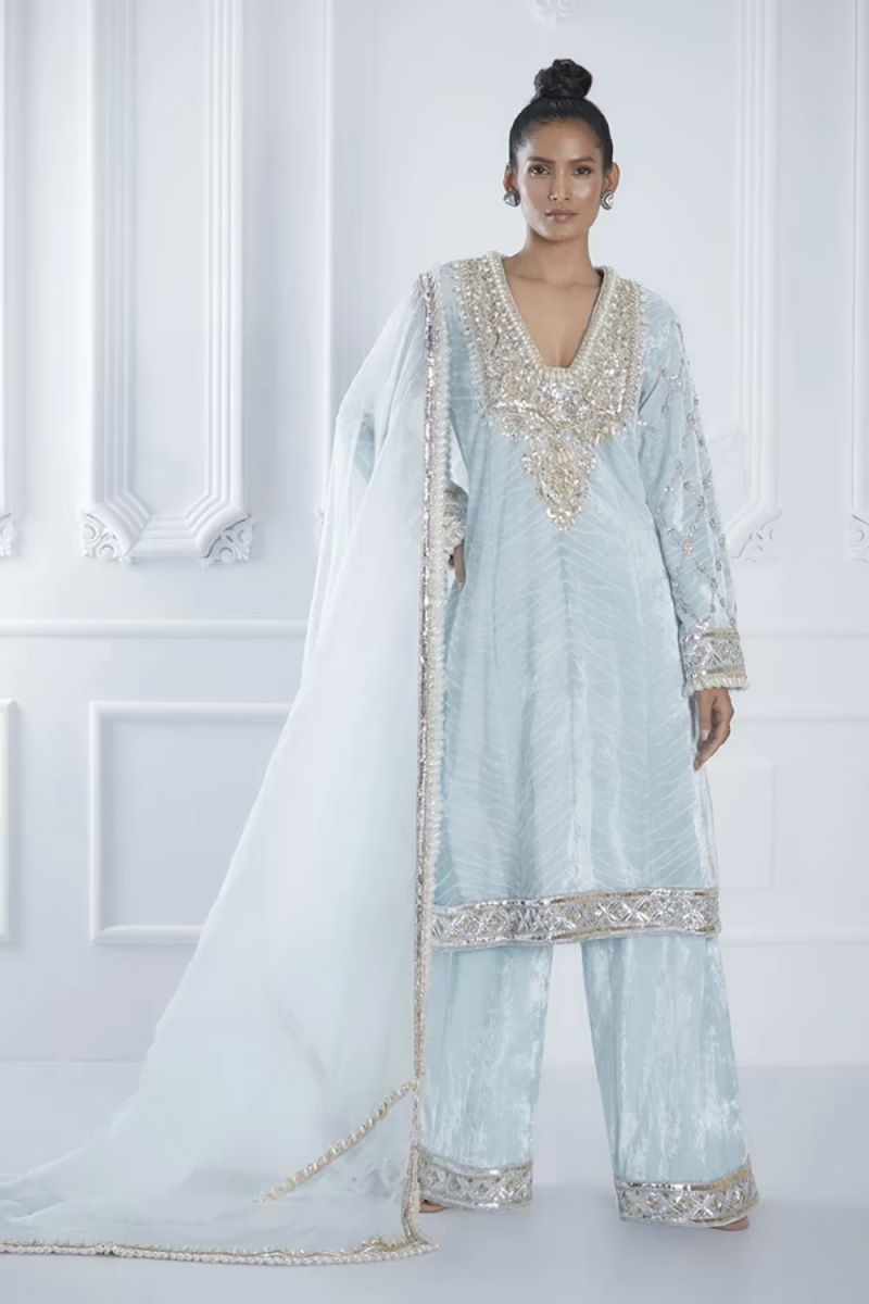 Powder Blue Shibori Embroidered Velvet Kurta Set