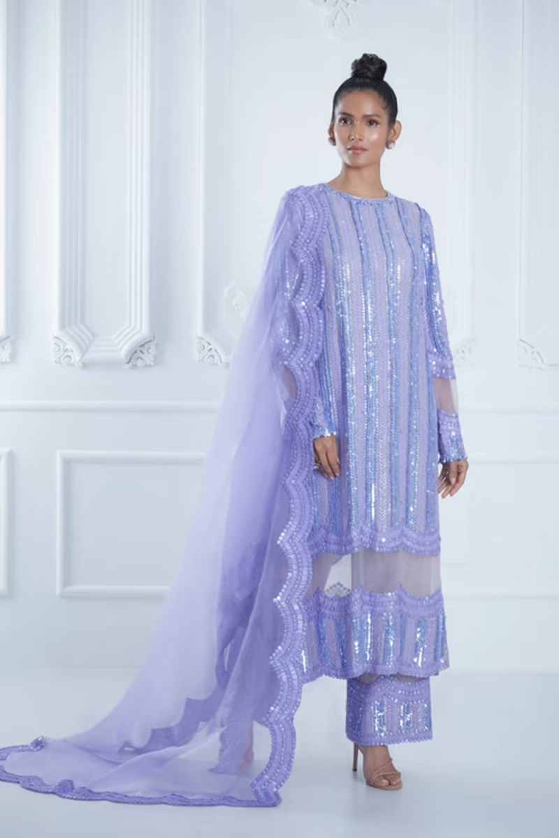 Lilac Striped Sequin Dori Embroidered Set