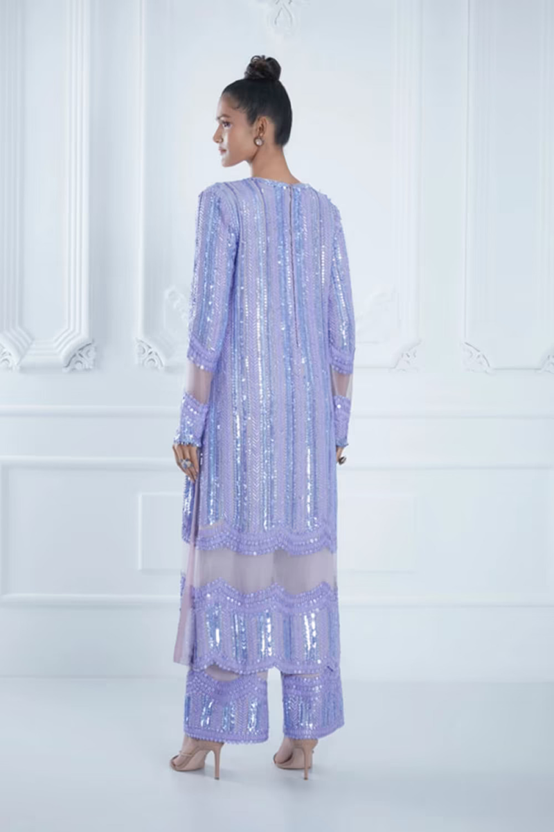 Lilac Striped Sequin Dori Embroidered Set