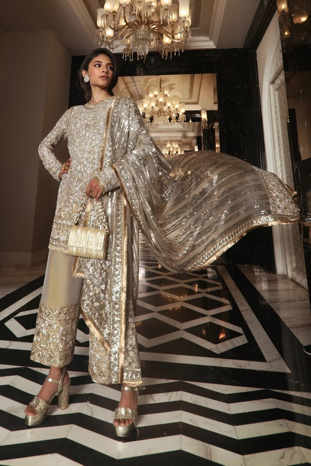 Oyster Silver Gold Embroidered Kurta Set