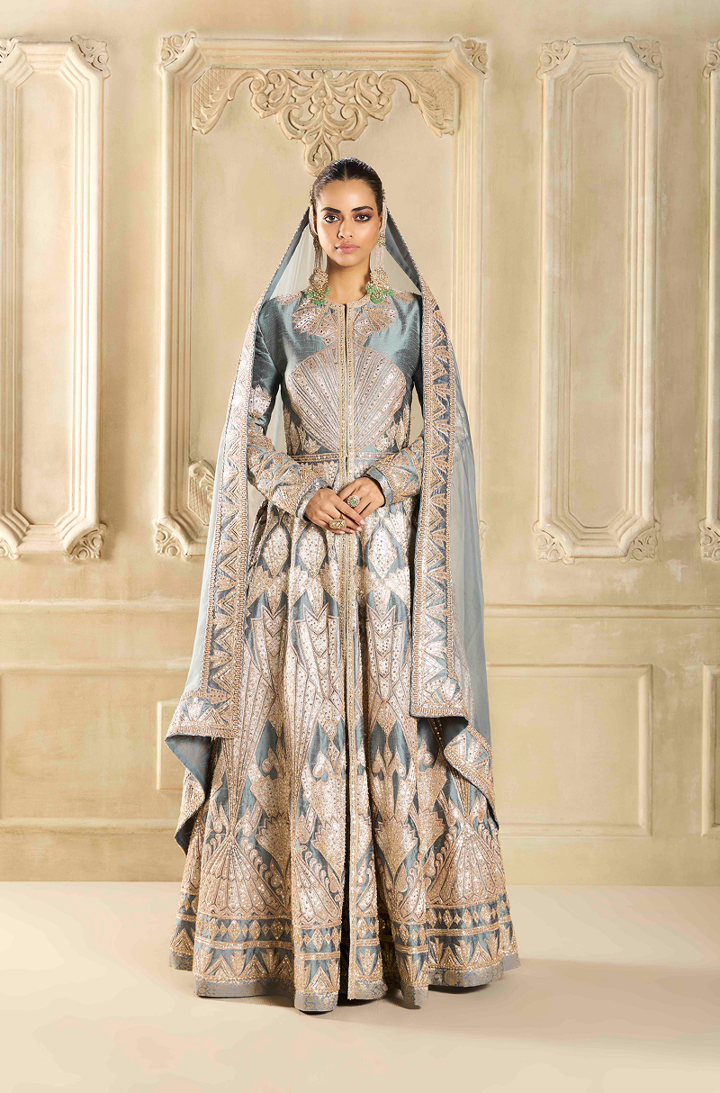 Slate Grey Raw Silk Embroidered Jacket Set