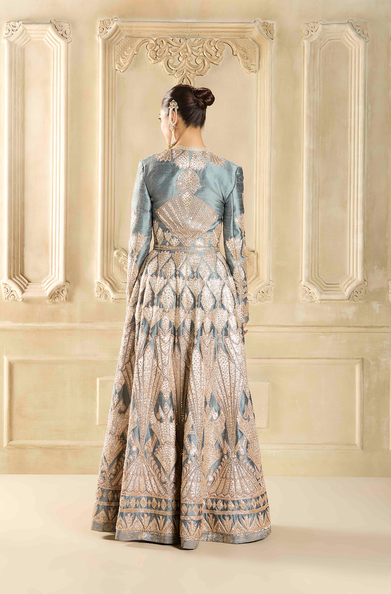 Slate Grey Raw Silk Embroidered Jacket Set