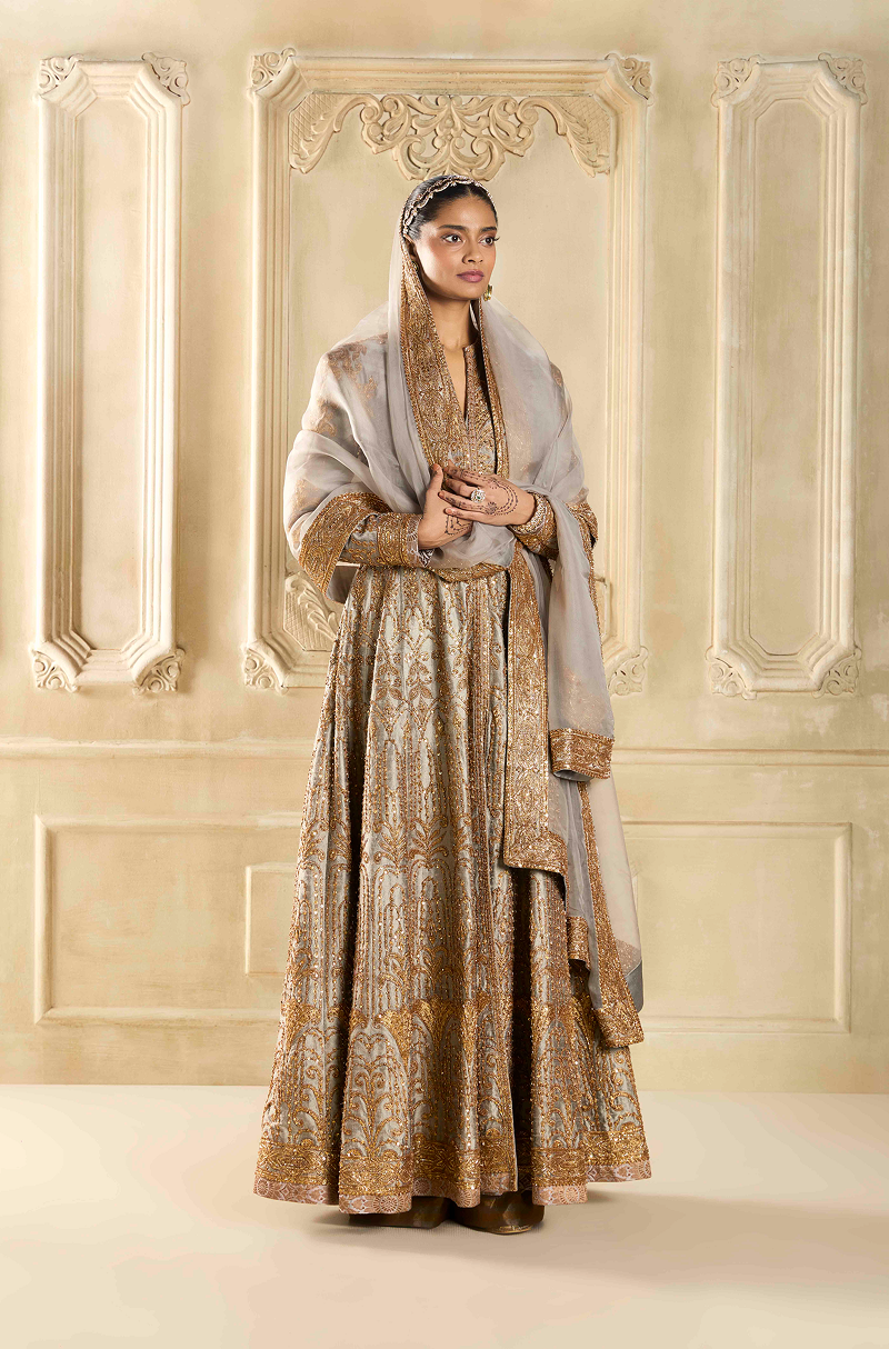 Steel Grey Embroidered Silk Kalidar Kurta Set