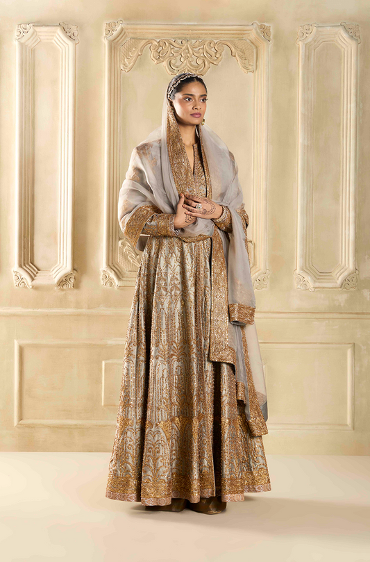 Steel Grey Embroidered Silk Kalidar Kurta Set