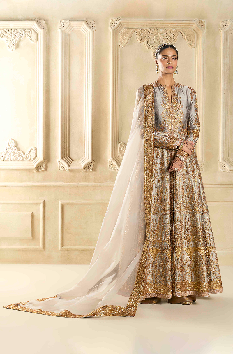 Steel Grey Embroidered Silk Kalidar Kurta Set