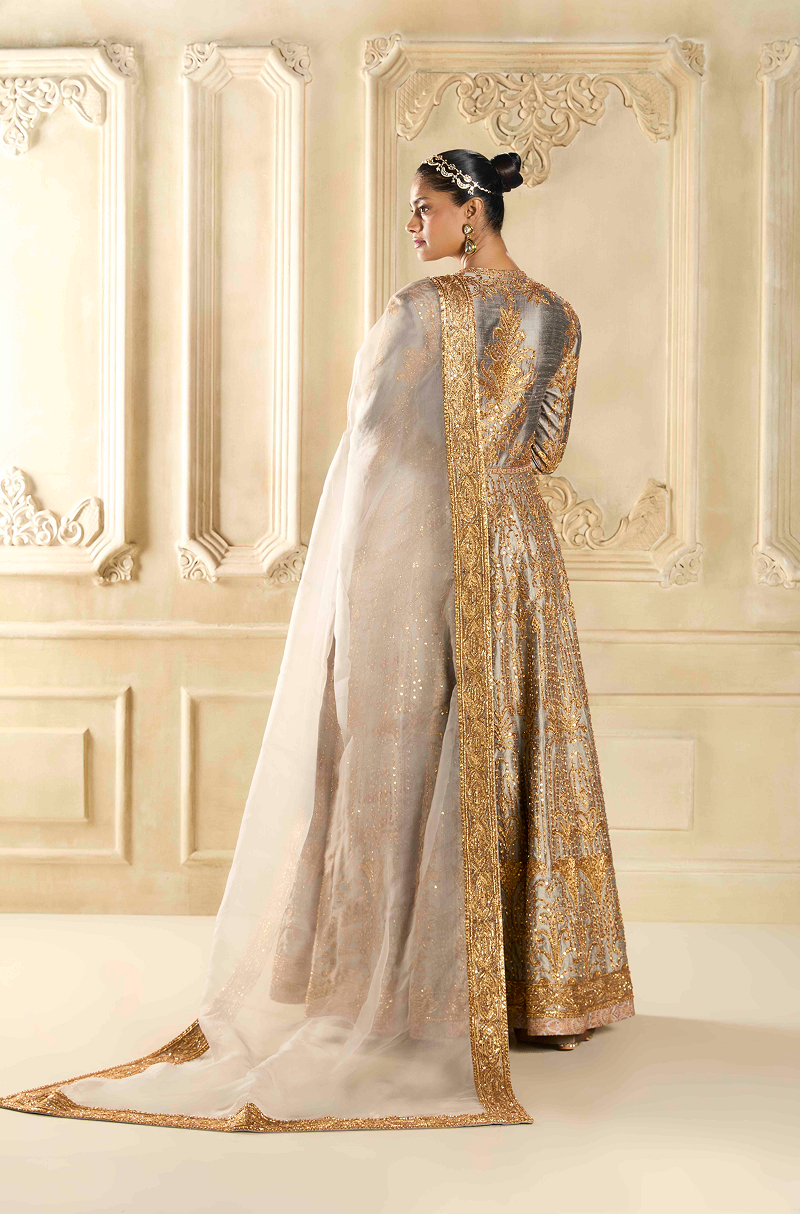 Steel Grey Embroidered Silk Kalidar Kurta Set