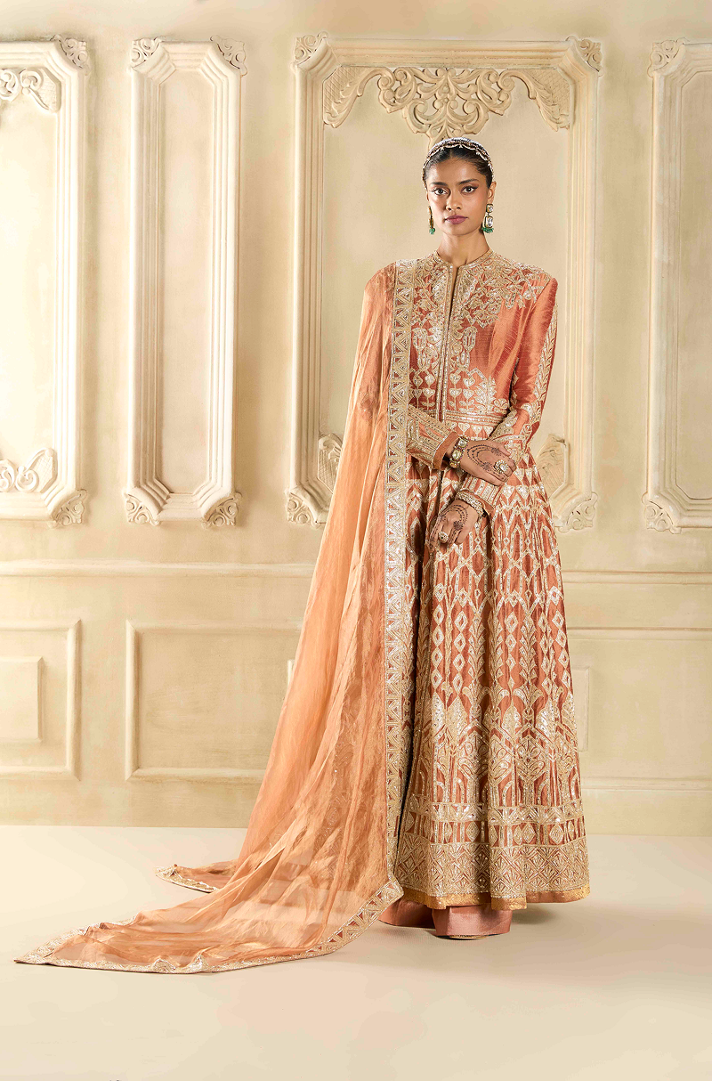 Pecan Brown Raw Silk Embroidered Kalidar Kurta Set