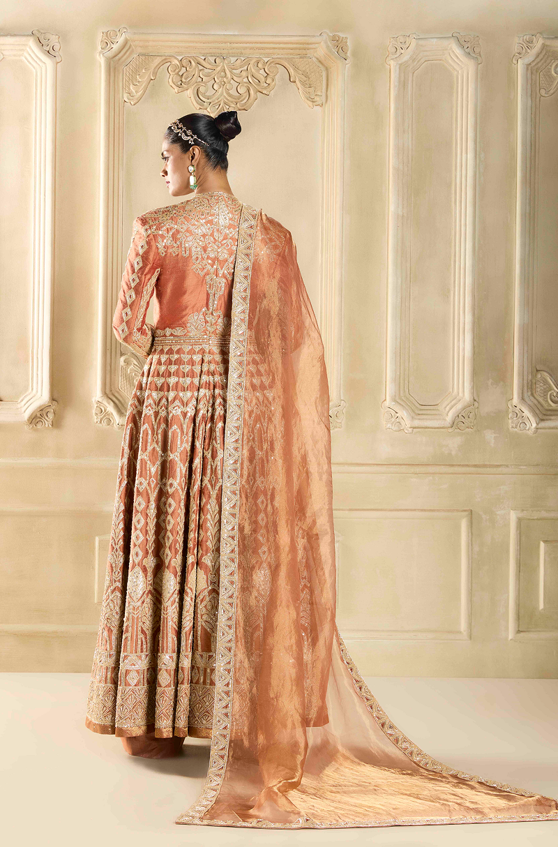 Pecan Brown Raw Silk Embroidered Kalidar Kurta Set
