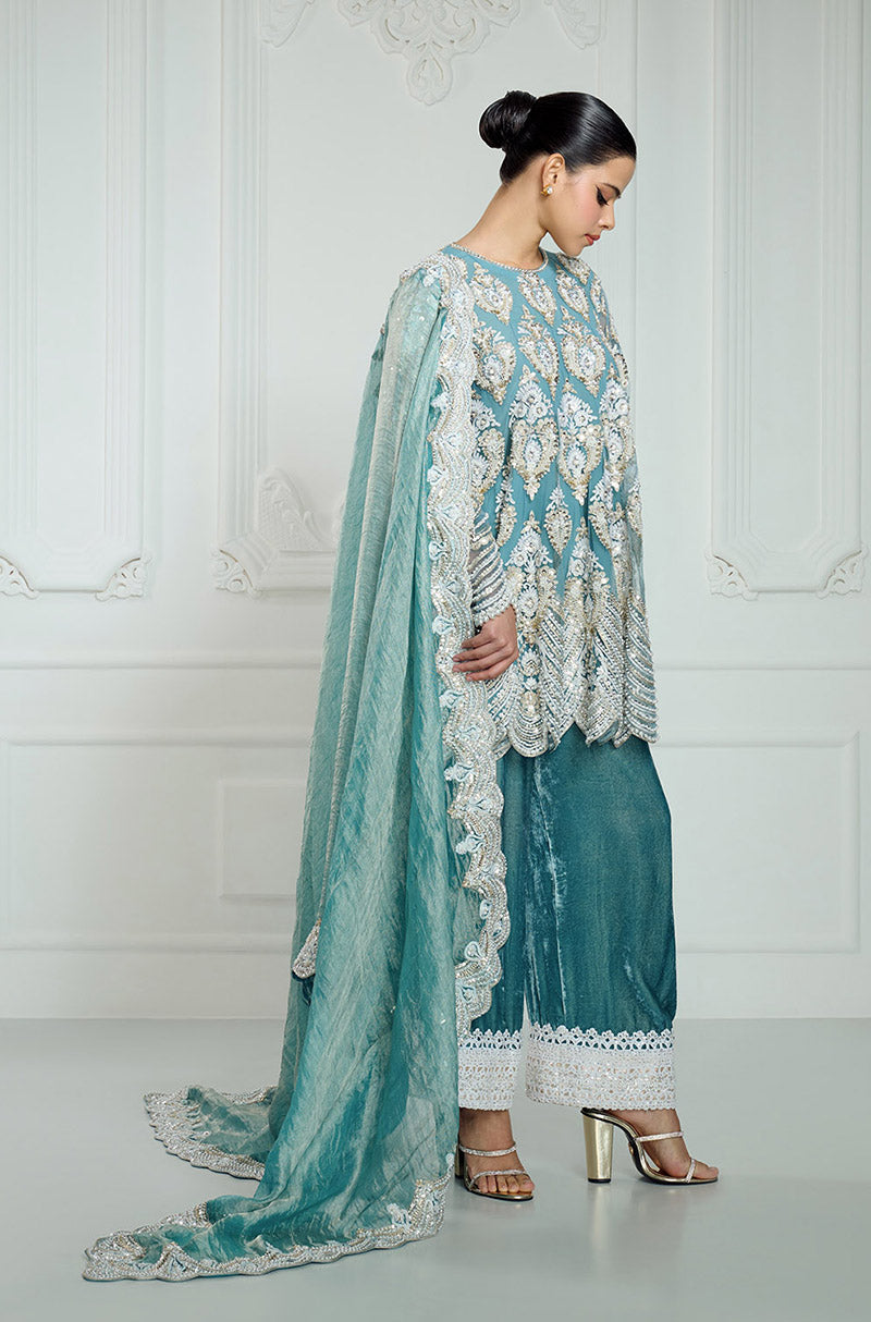 Soft Teal Kashmiri Embroidered Short Kurta Set
