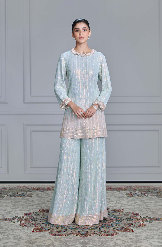 Dusty Blue Sequin & Pearl Embroidered Kurta Set