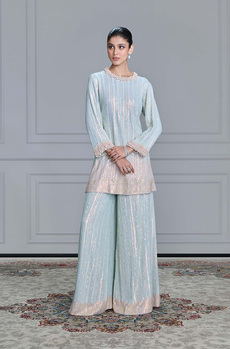 Dusty Blue Sequin & Pearl Embroidered Kurta Set