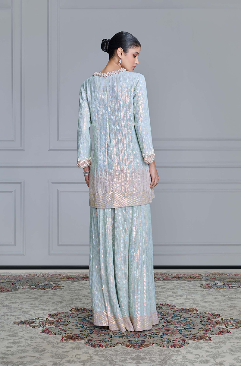 Dusty Blue Sequin & Pearl Embroidered Kurta Set