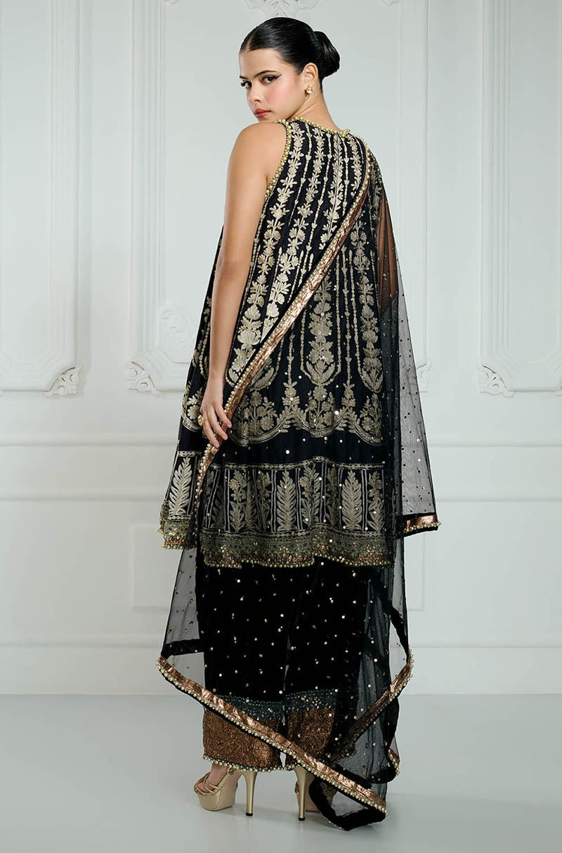 Black-Teal Kashmiri Embroidered Kalidar Kurta Set