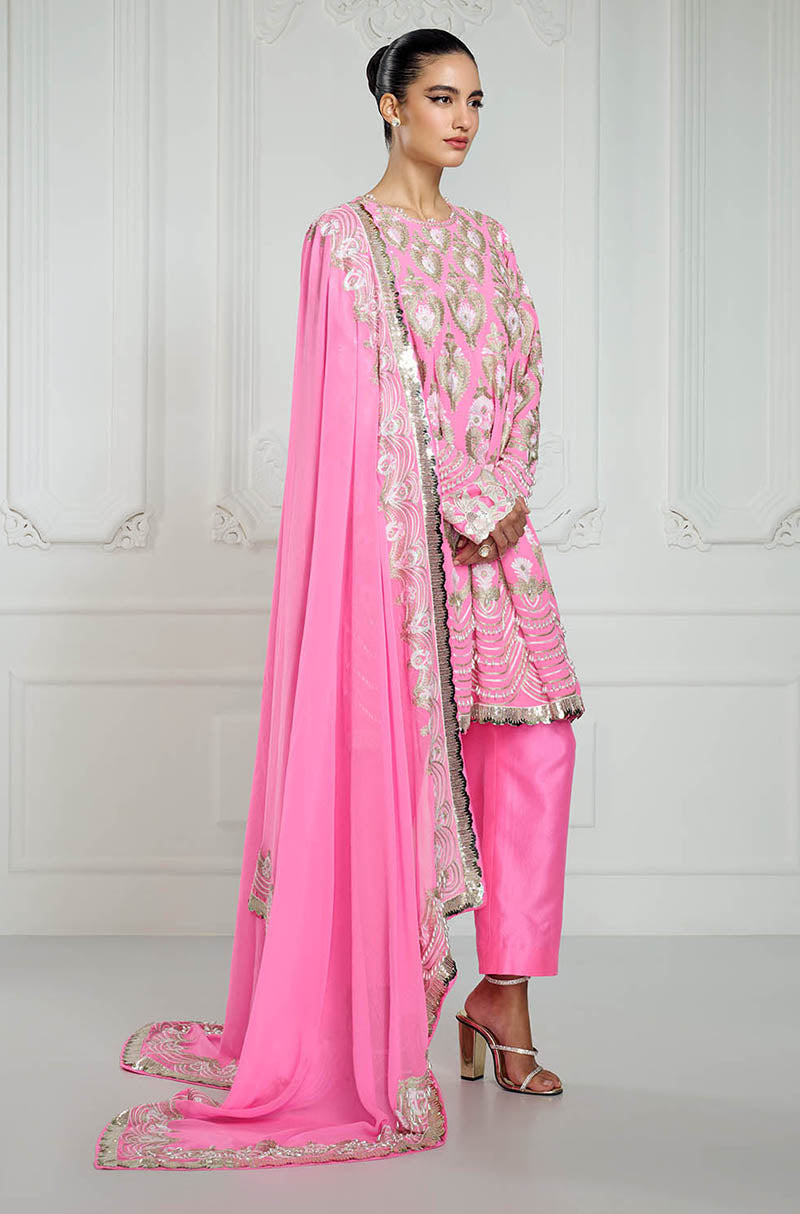 Bright Pink Kalidar Kashmiri Embroidered Kurta Set