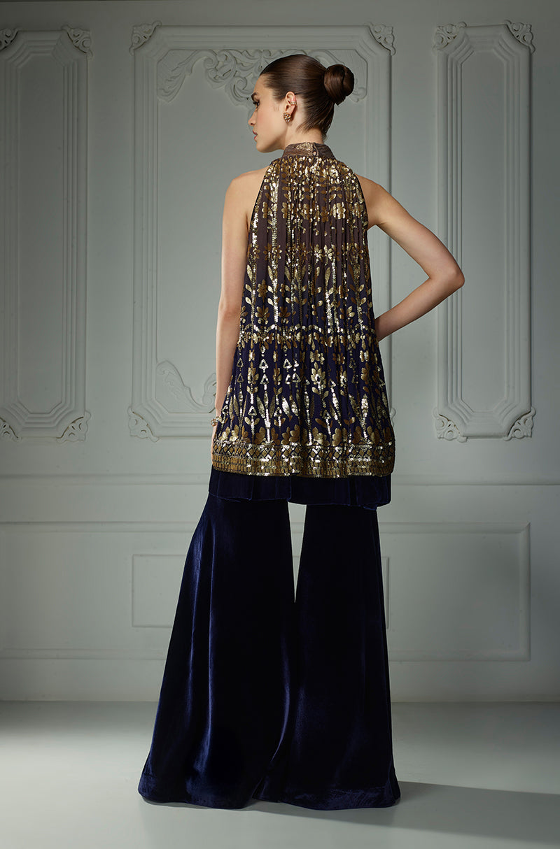Midnight Blue Ombré Matt Leaf Sequins In-Cut Kurta Set