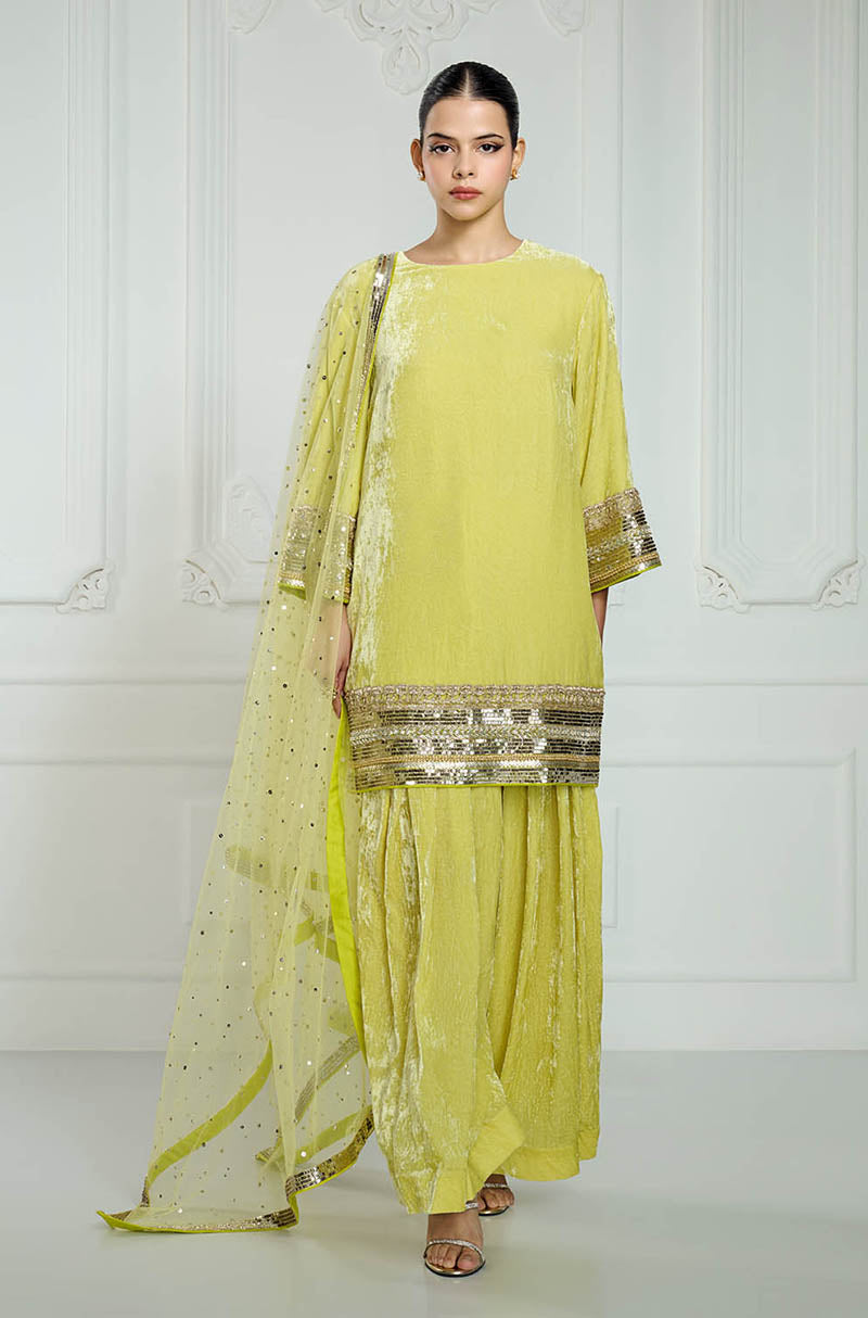 Lime with Sequin Borders Short Kurta Set