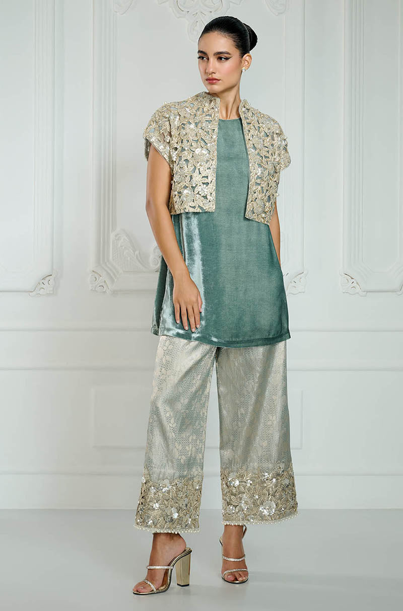 Teal Velvet with Banarasi Cut Work Kurta Set