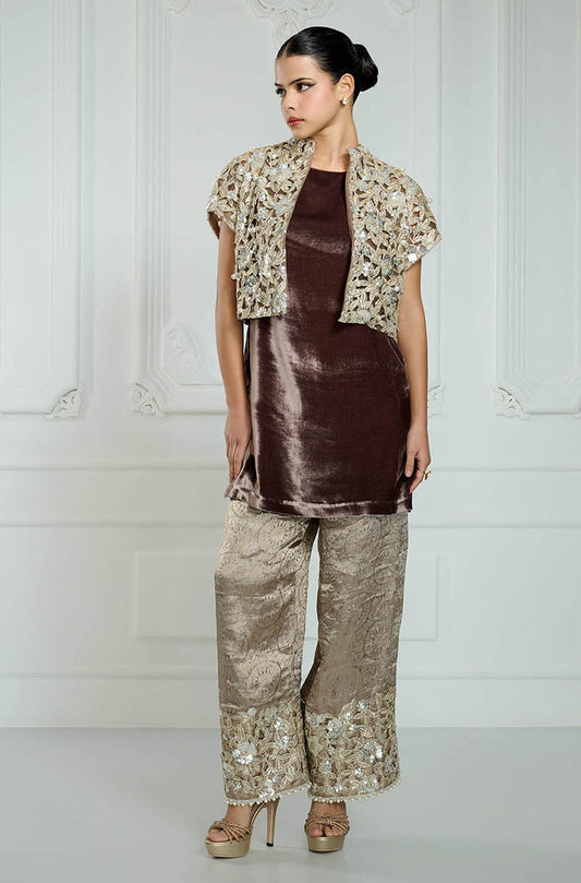 Brown Velvet with Banarasi Cut Work Kurta Set