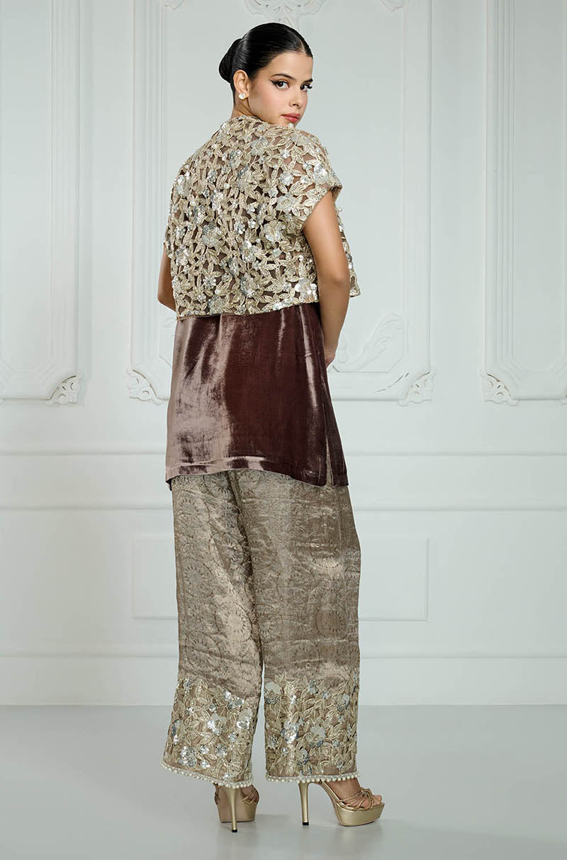 Brown Velvet with Banarasi Cut Work Kurta Set