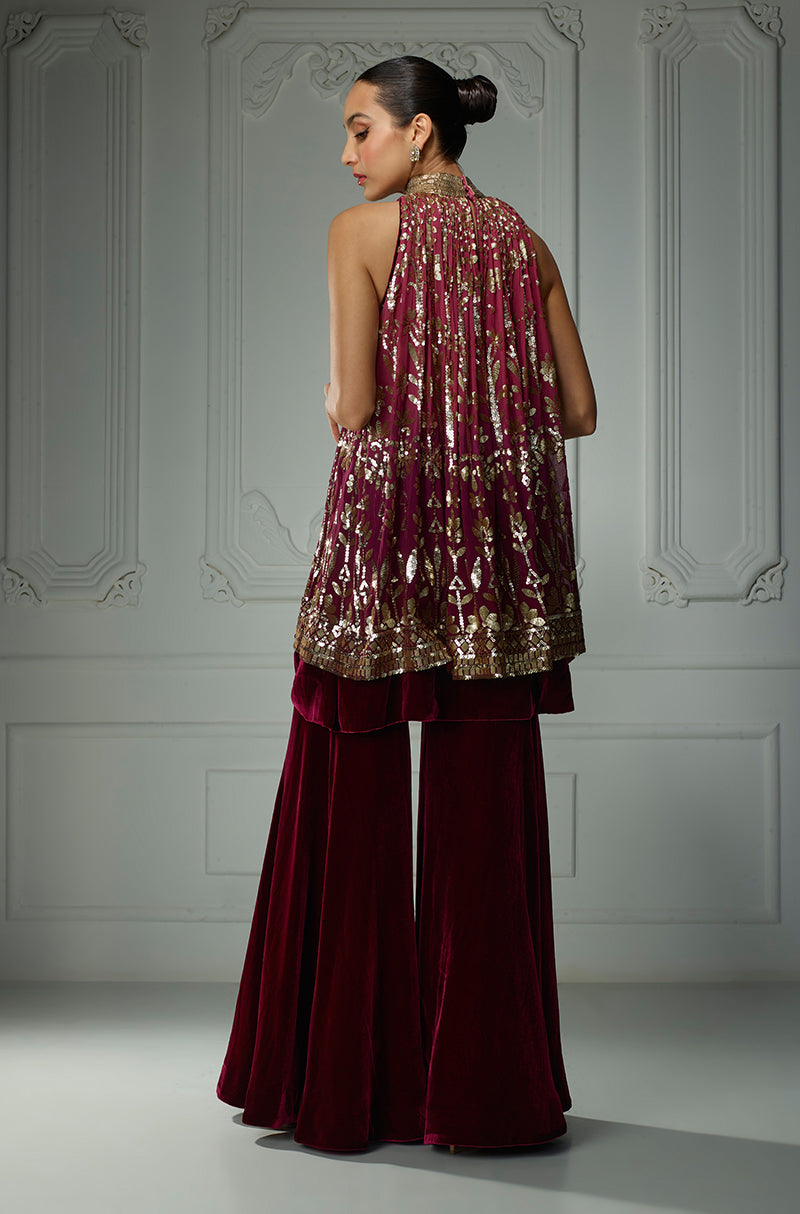 Old Rose Ombré Matt Leaf Sequins In-Cut Kurta Set