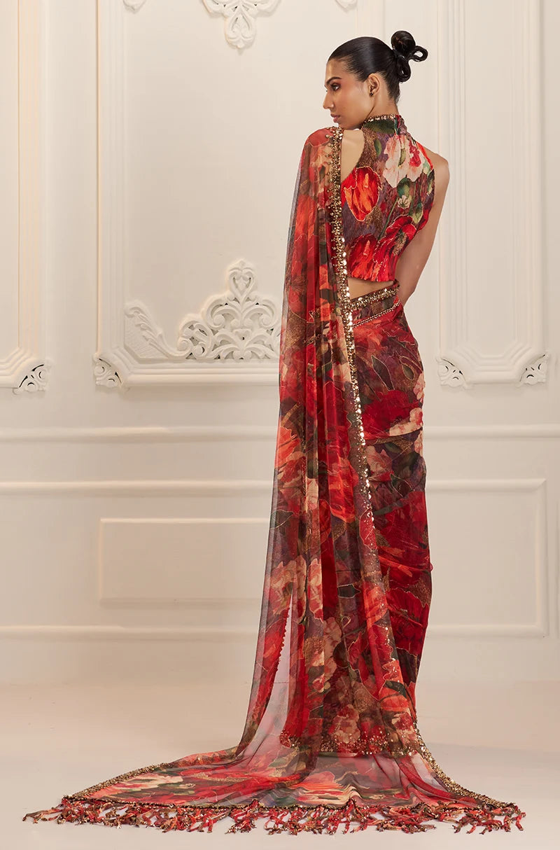 Red Floral Printed Pre-Pleated Saree Set