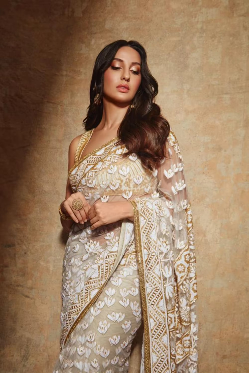 Nora Fatehi in Ivory Mijwan Embroidered Saree Set