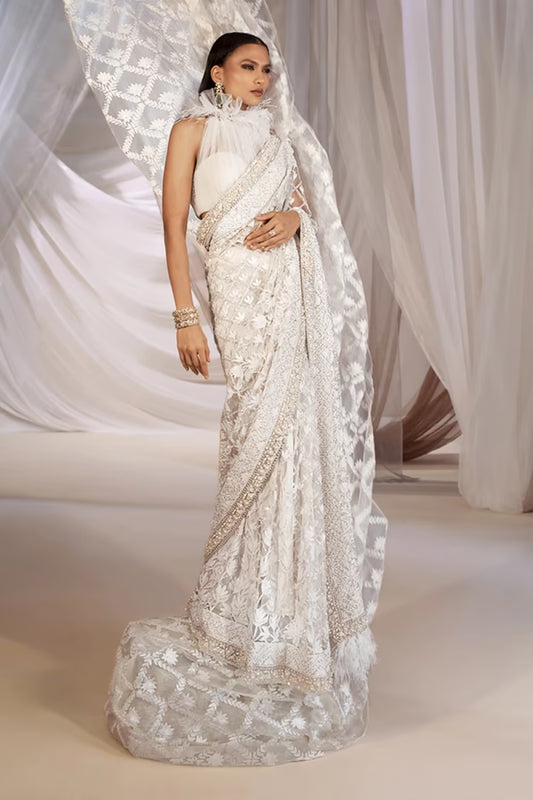 Ivory Chikankari Mijwan Embroidered Saree Set