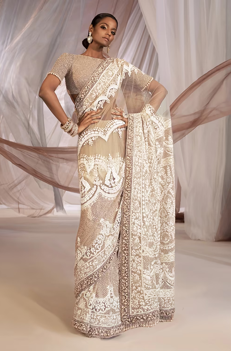 Oyster Beige Chikankari Mijwan Saree Set