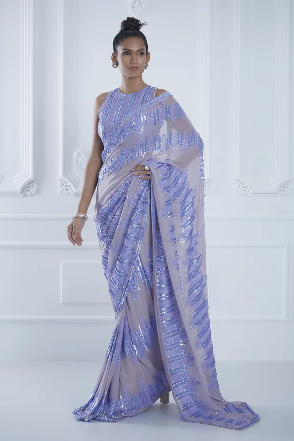 Lilac Sequin Metallic Saree Set