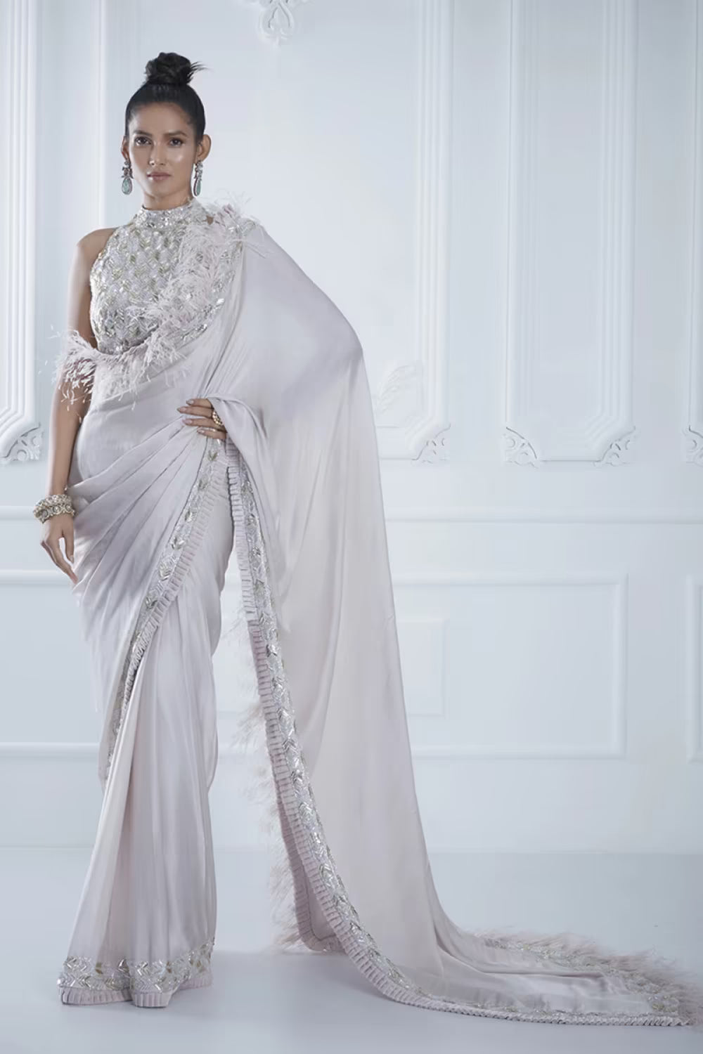 Gold Tulle Crystal Embellished Saree Set