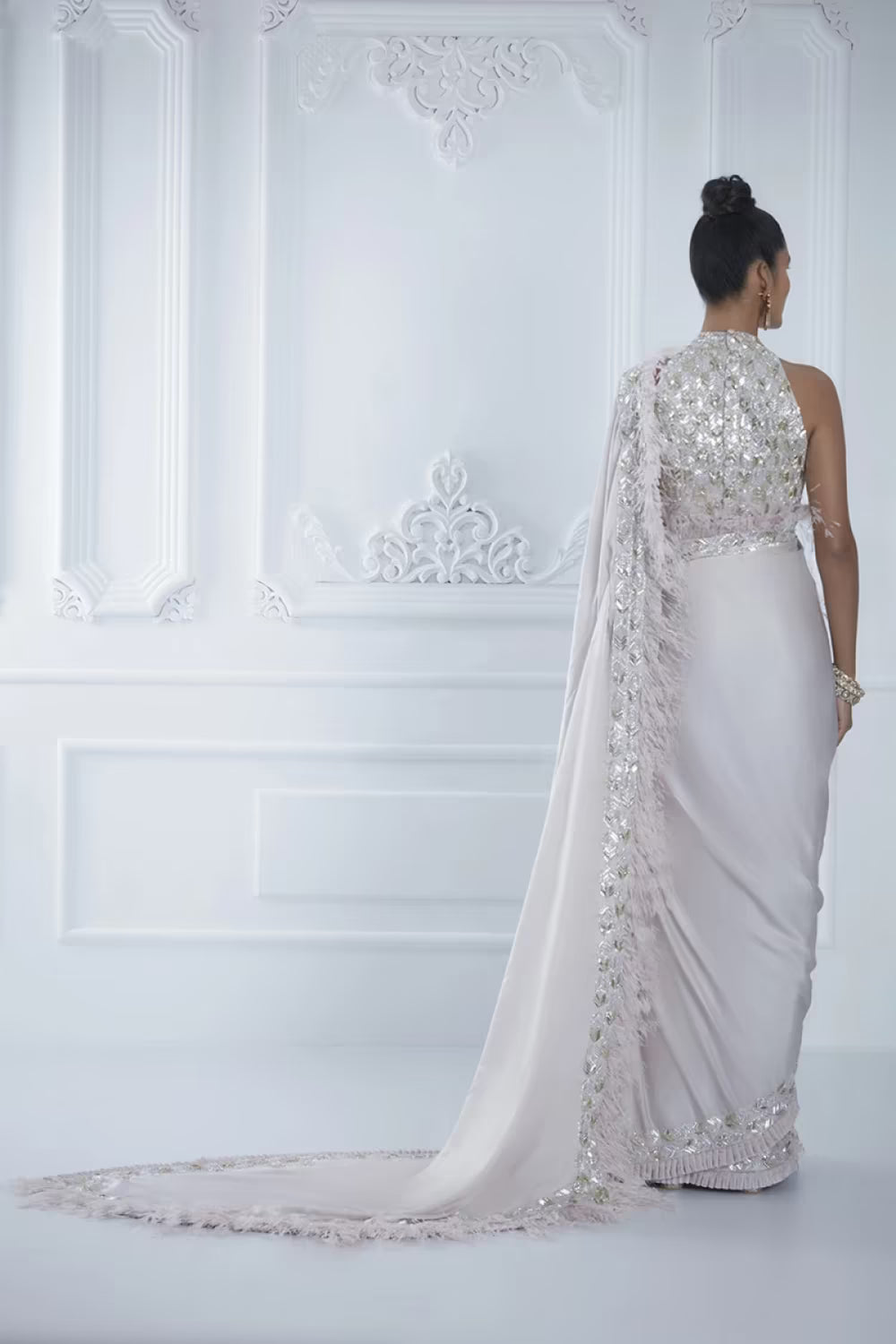 Oyster Sequin Feather Saree Set