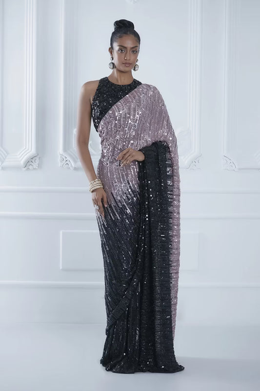 Lilac Black Sequin Saree Set