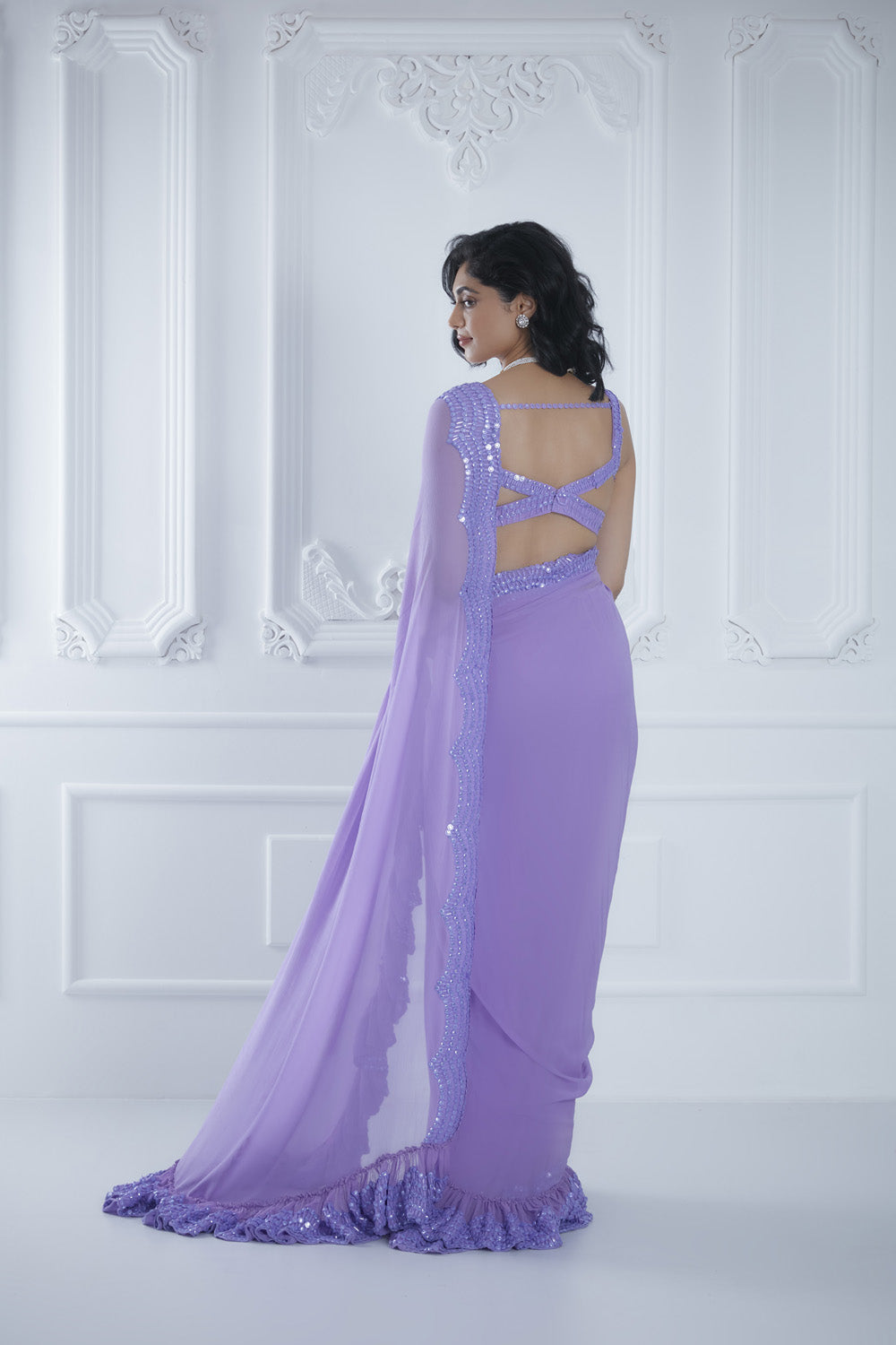 Lilac Layered Sequin Frill Saree Set